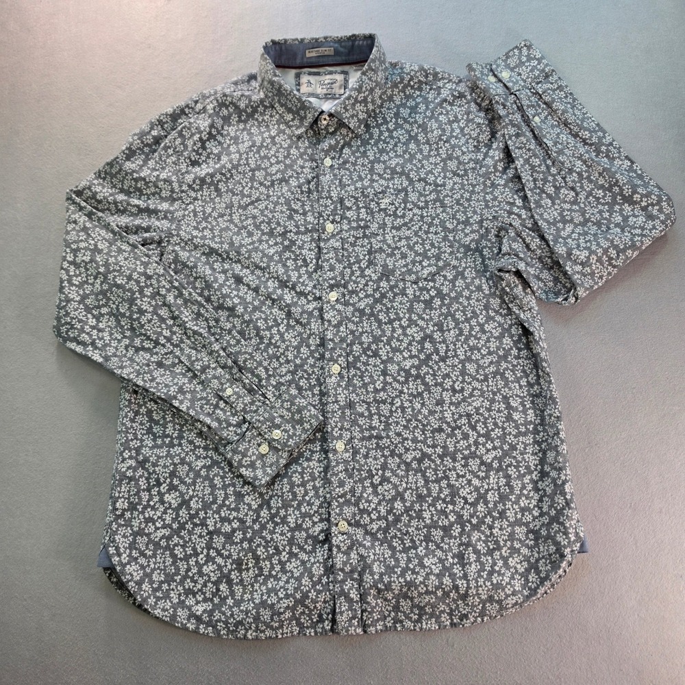 Original Penguin Mens XL Heritage Slim Fit Floral Button Down Shirt Blue Gray